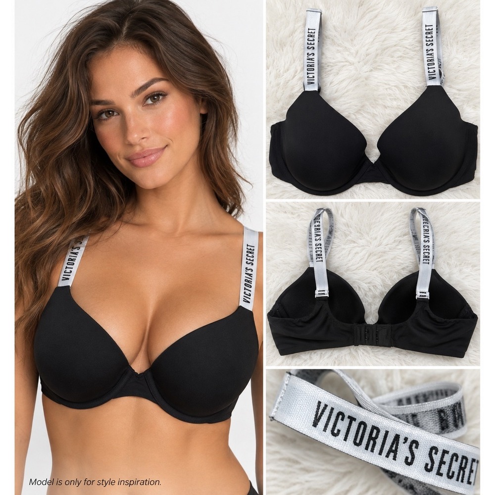 Victoria's Secret T-Shirt Demi Bra Womens 32D Black VS Logo Straps Underwire